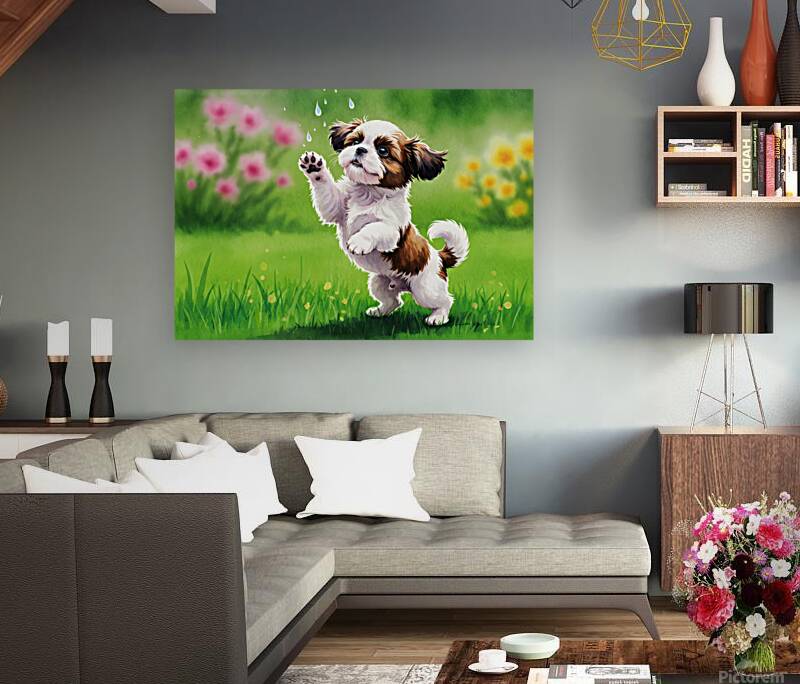 Shih Tzu Puppy Discovers Falling Raindrops In Garden Reproduction