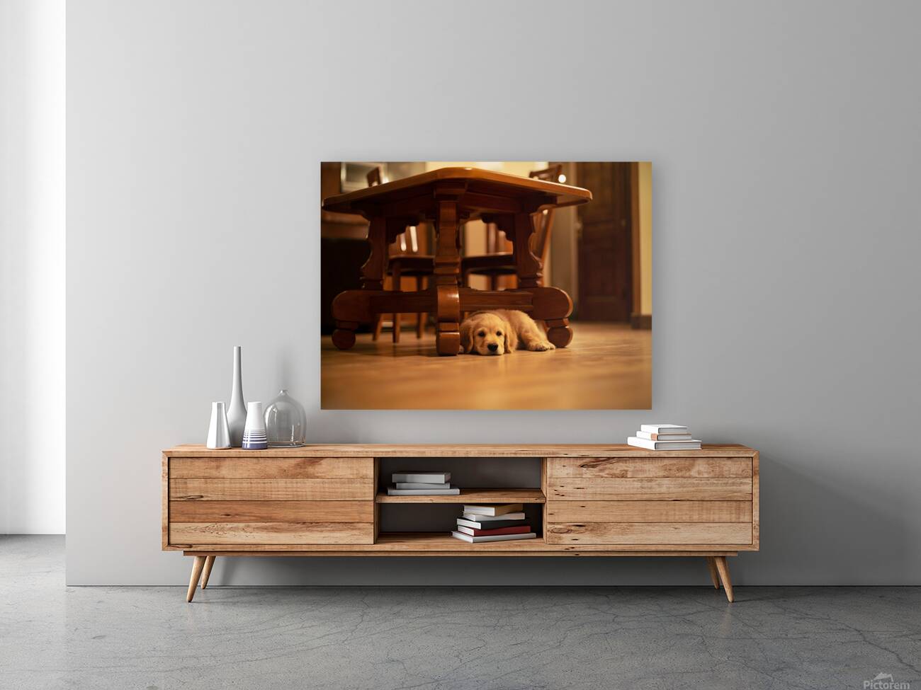 Curious Puppy Peeks From Behind Bookshelf Reproduction