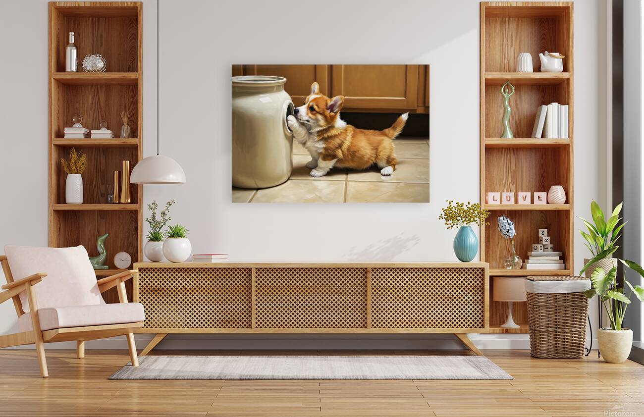 Corgi Puppy Gets Stuck In Cookie Jar Reproduction