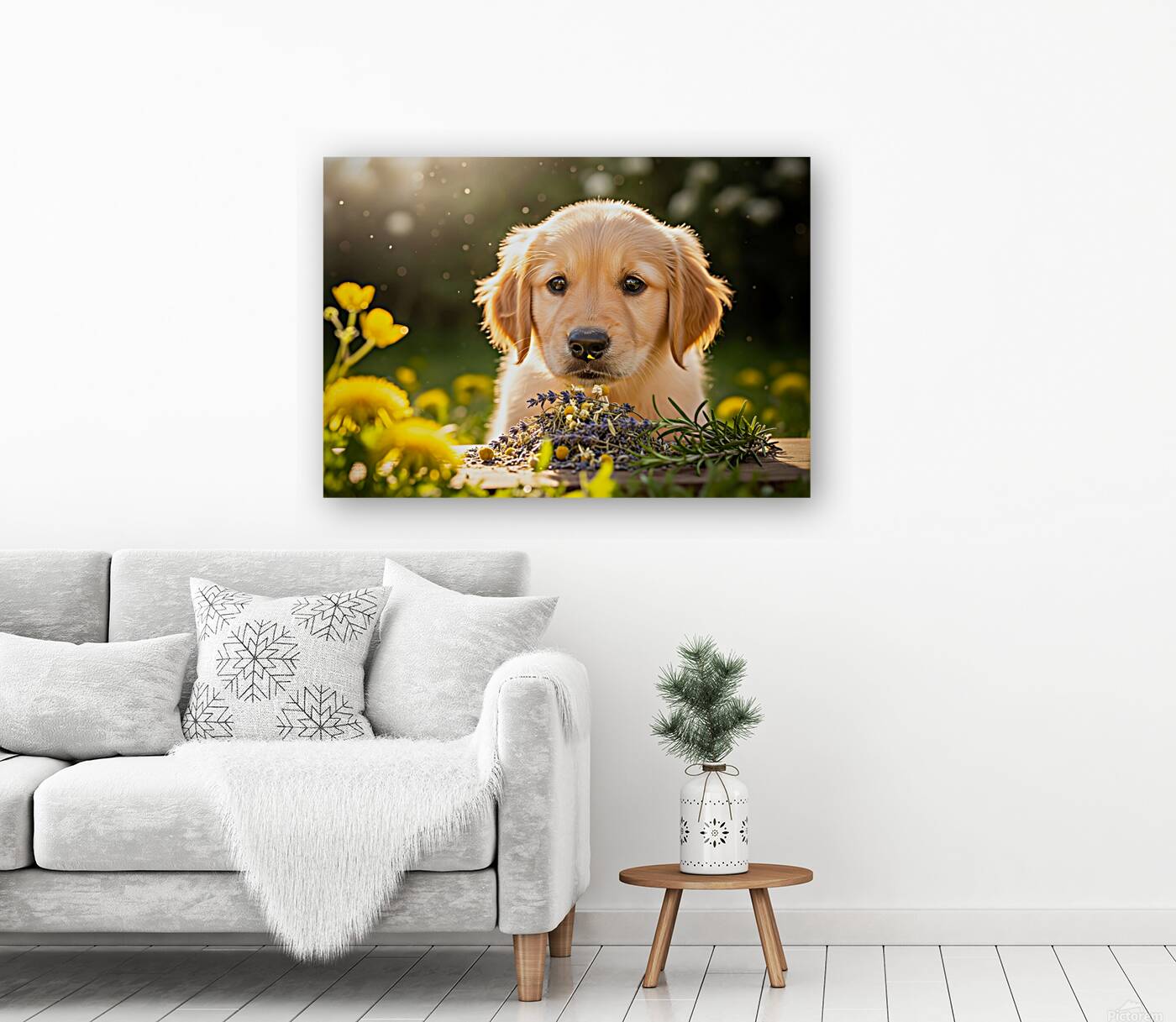 Golden Retriever Puppy Discovers Herb Pile Reproduction