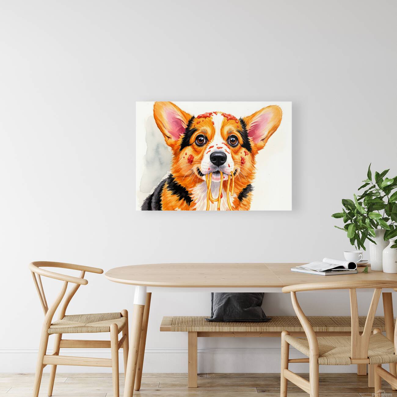 Satisfied Corgi Puppy After Spaghetti Meal Reproduction