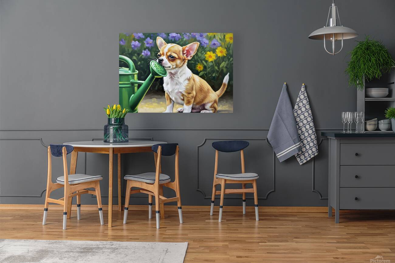 Chihuahua Puppy Discovers Garden Watering Can Reproduction