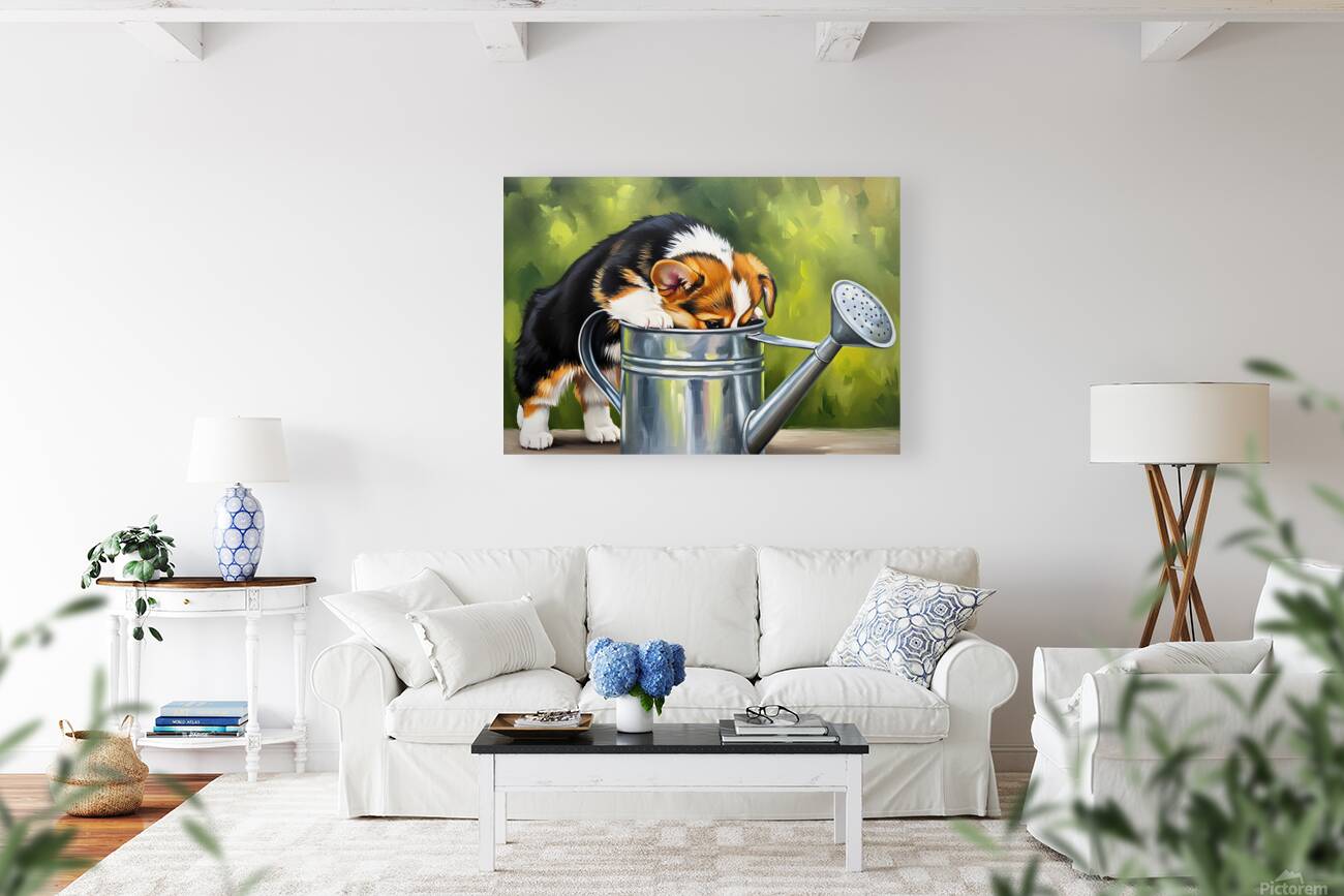 Wet Corgi Puppy Emerges From Watering Can Adventure Reproduction