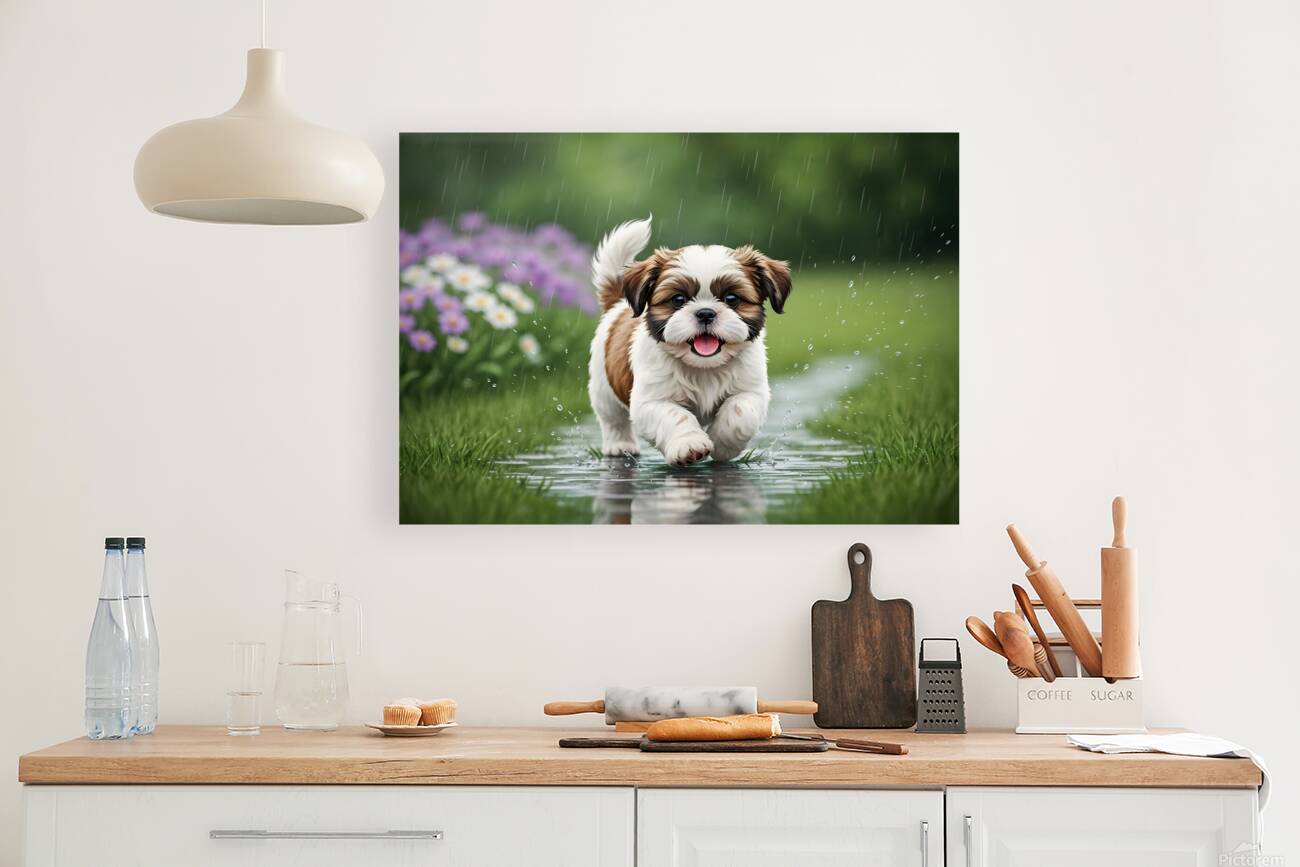 Happy Shih Tzu Puppy Enjoys Raindrop Adventure Reproduction