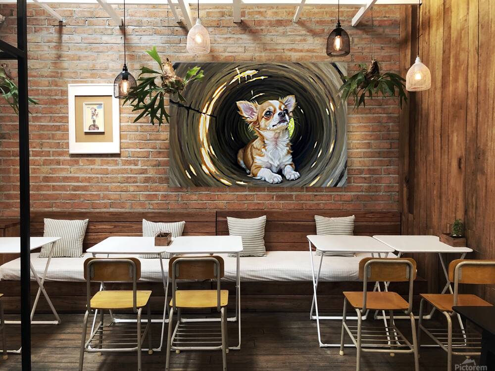 Happy Chihuahua Puppy Exits Log Adventure Reproduction