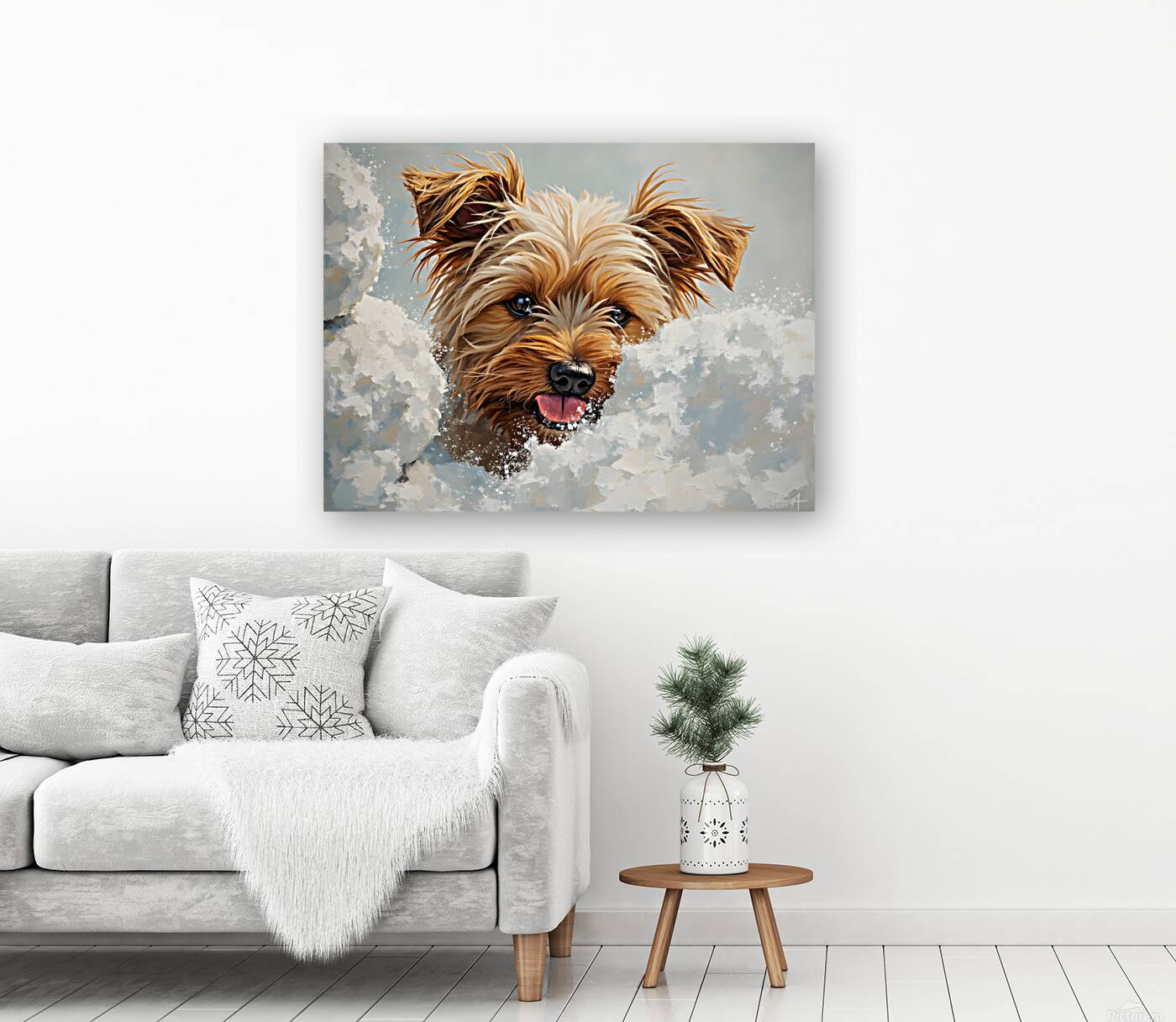 Surprised Yorkshire Terrier Puppy In Winter Garden Reproduction