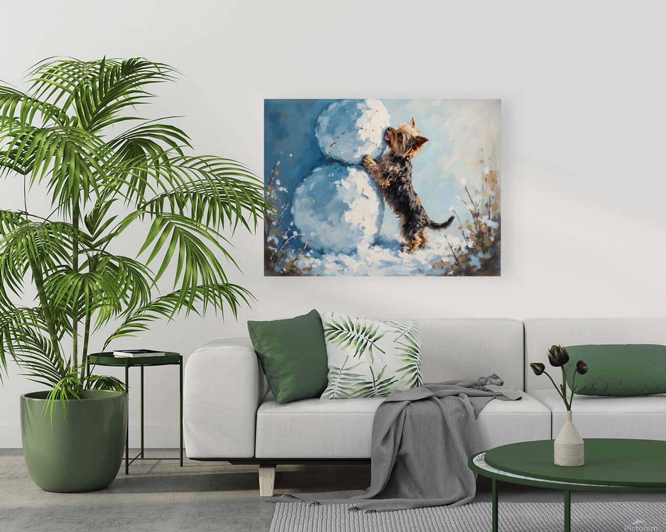 Yorkshire Terrier Puppy Discovers Winter Snowman Reproduction