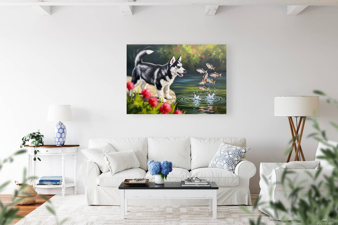 Happy Husky Puppy Enjoys Pond Watching Reproduction