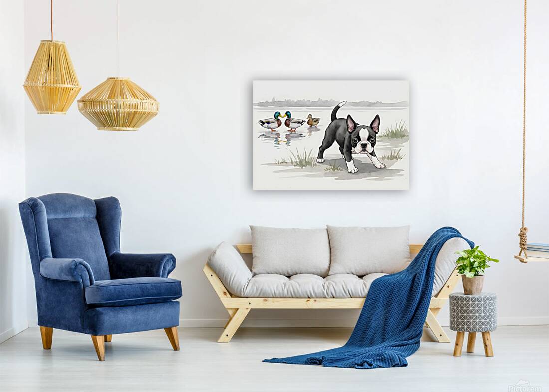 Puppy Watches His New Duck Friends Swimming Peacefully Reproduction