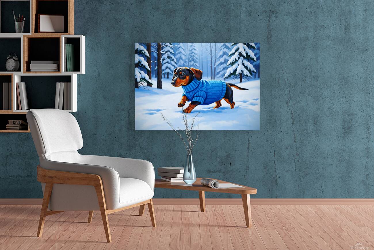 Dachshund Puppy Discovers Winter Snow In Red Sweater Reproduction