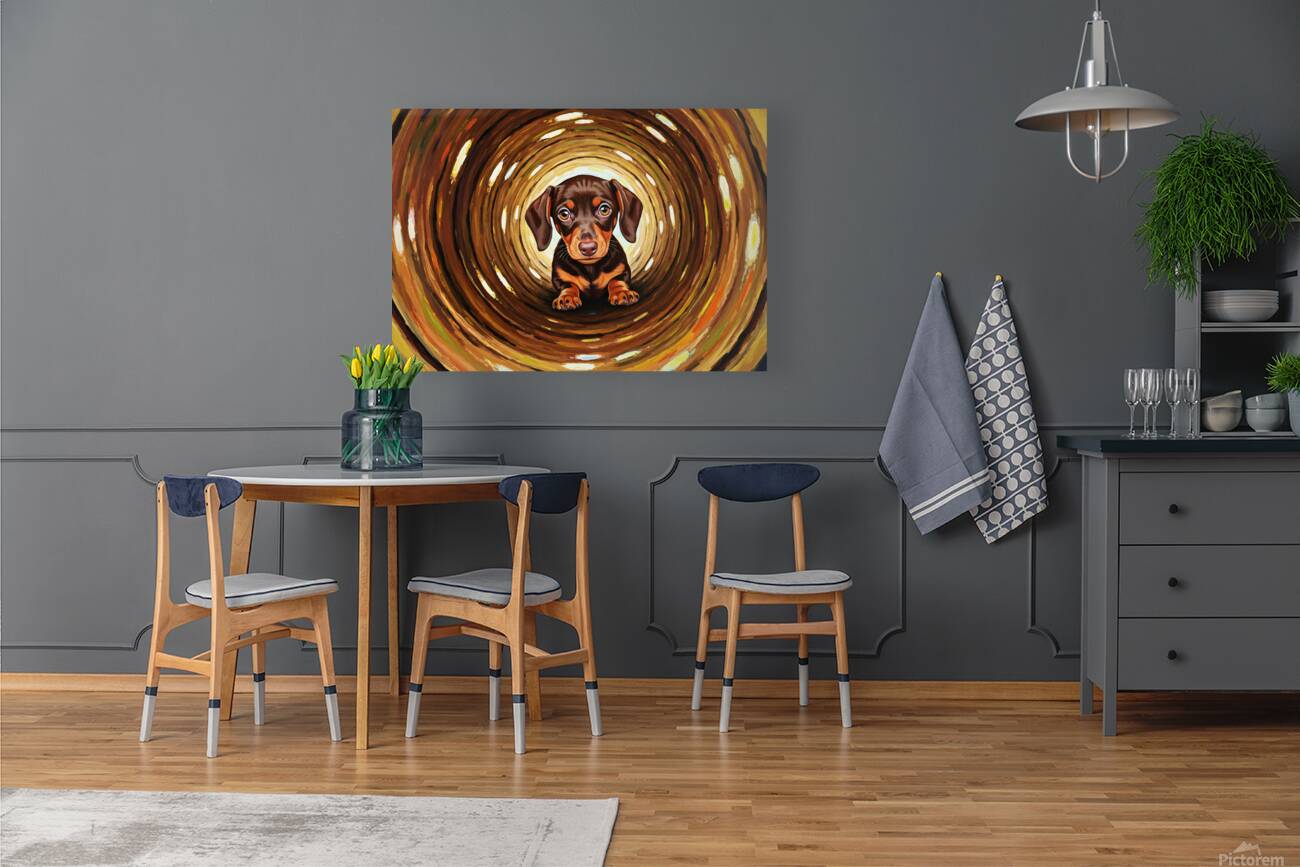 Victorious Puppy Emerges From Log Adventure Reproduction