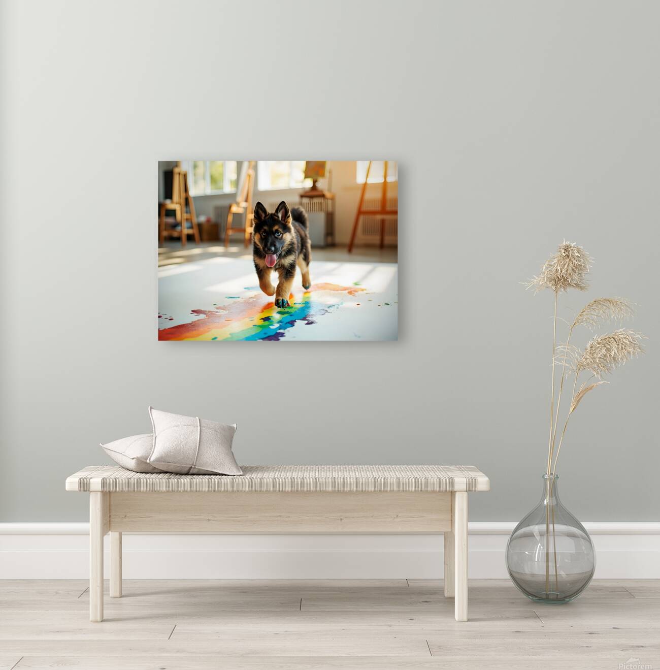 German Shepherd Puppy Discovers Colorful Paint Containers Reproduction