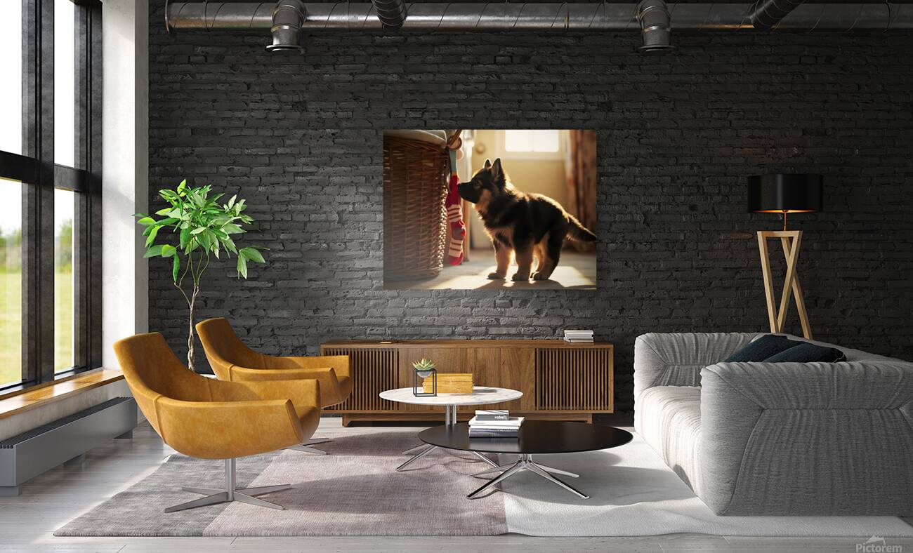 German Shepherd Puppy Discovers Laundry Basket Reproduction