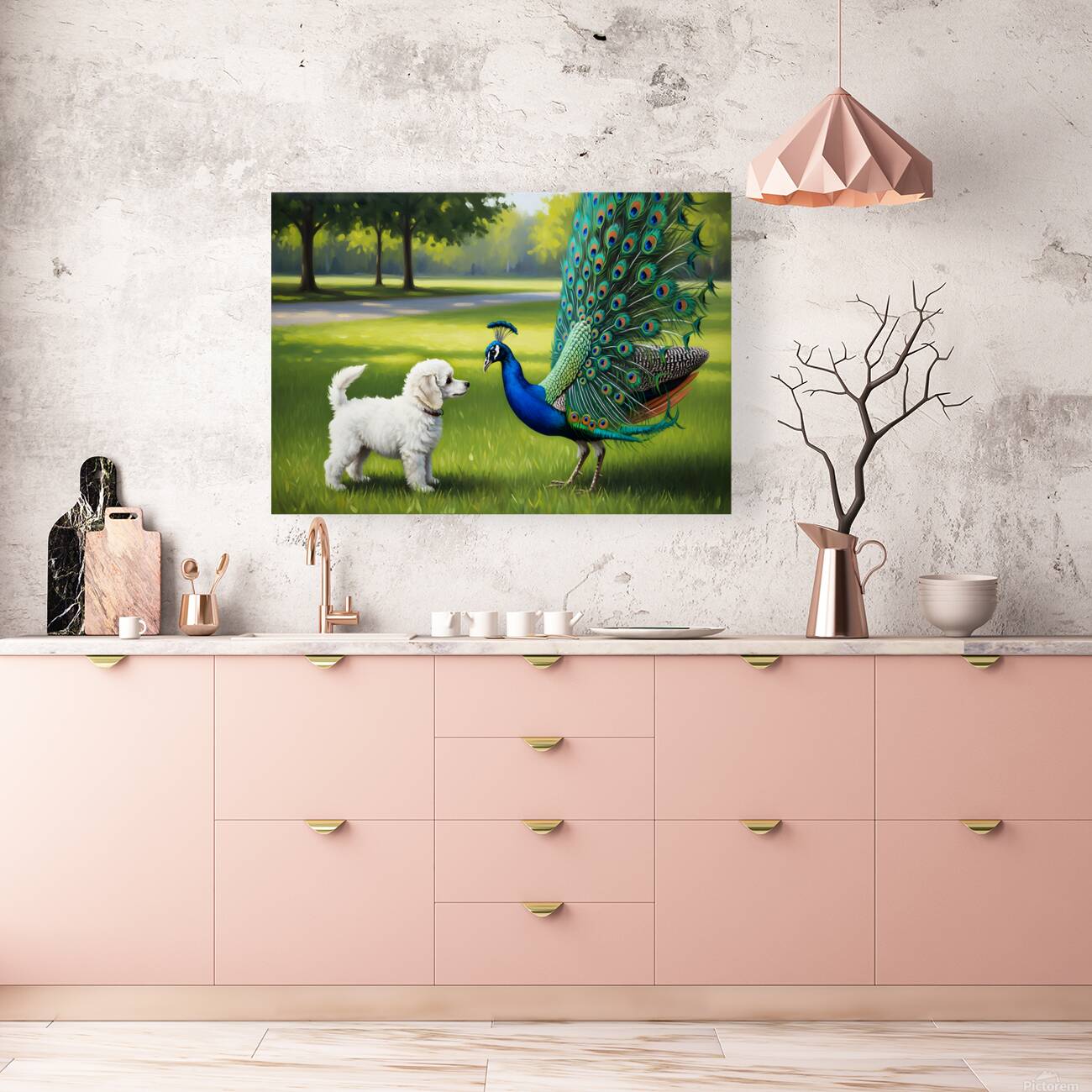 Peacock Displays Full Feather Fan For Amazed Puppy Reproduction