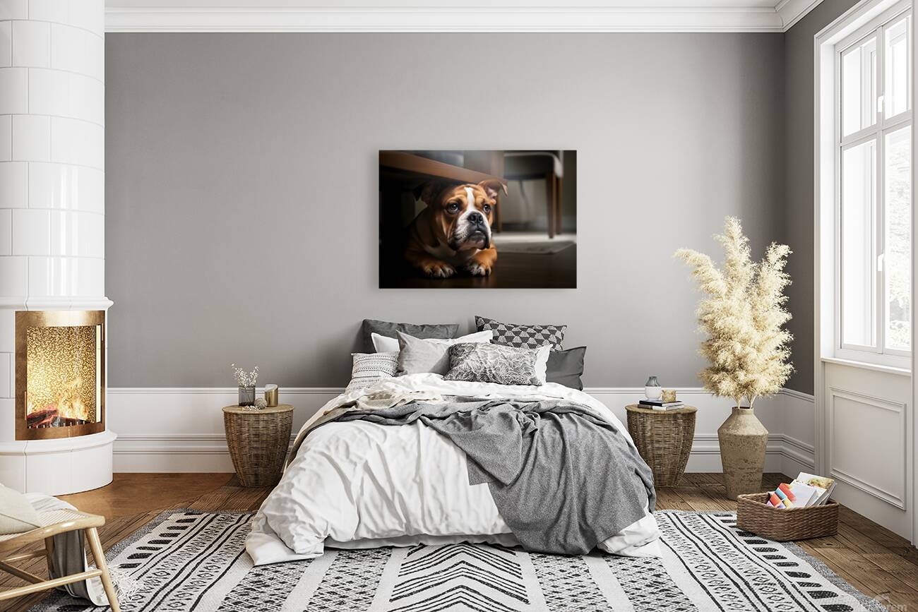 Brave Bulldog Puppy Feels Better Under Table Reproduction