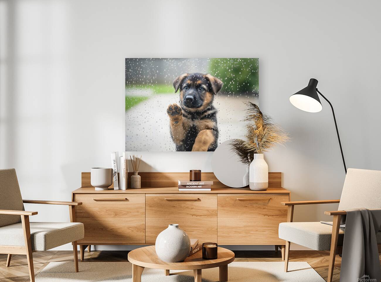 German Shepherd Puppy Discovers Raindrops On Glass Door Reproduction