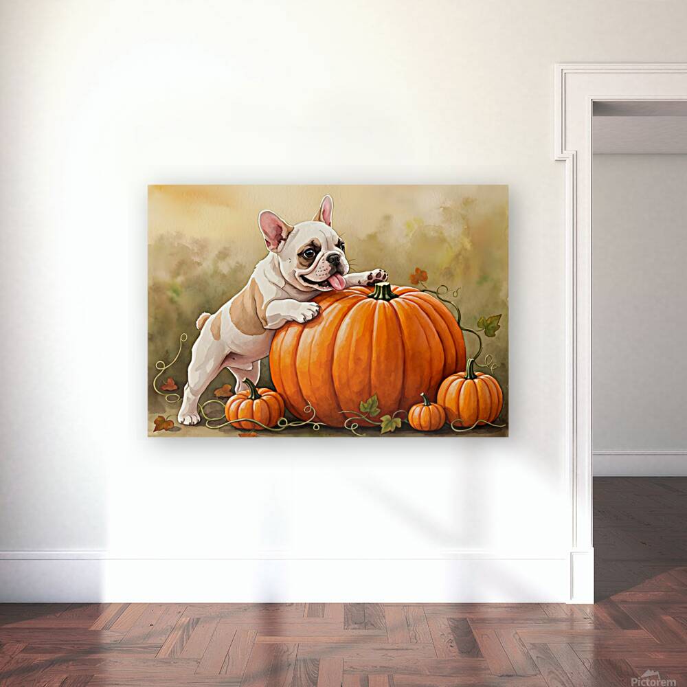 Happy French Bulldog Puppy Rests In Pumpkin Patch Reproduction