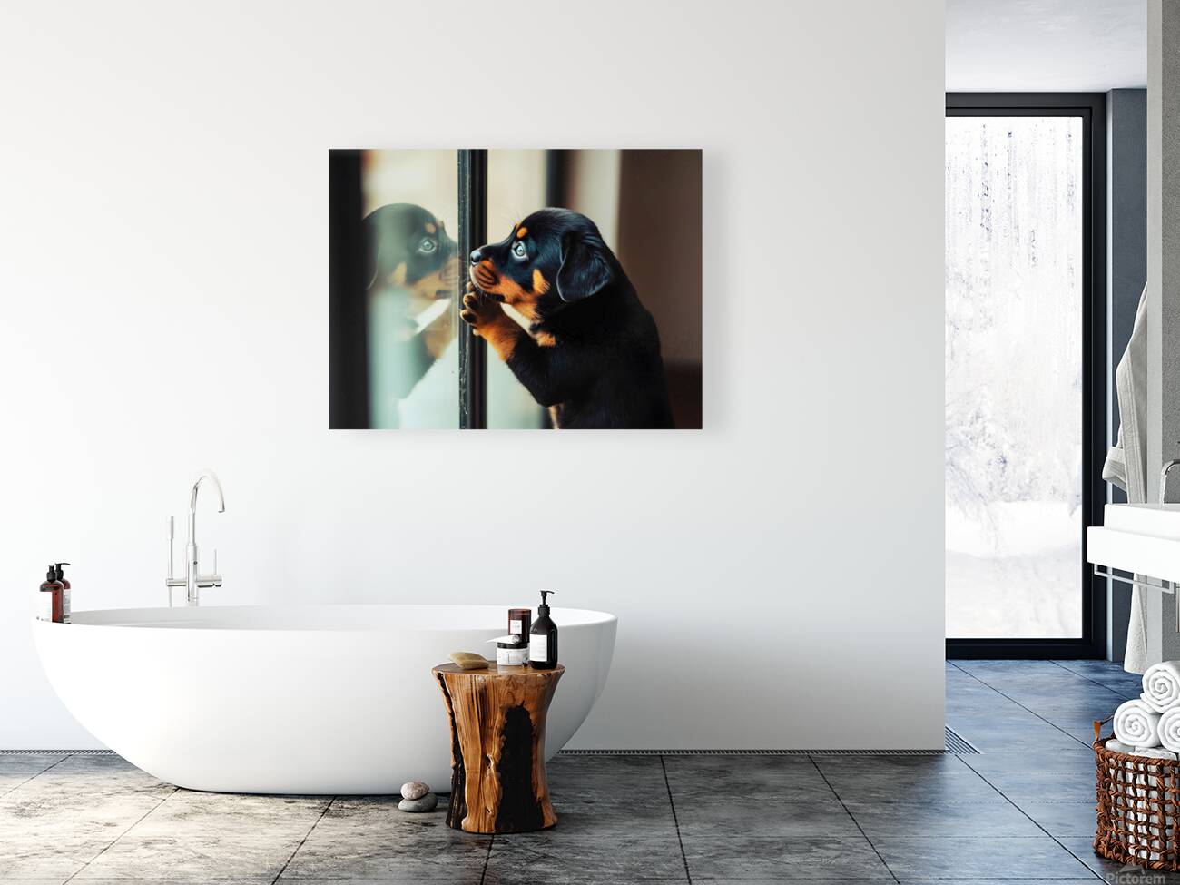 Thoughtful Puppy Contemplates Mysterious Reflection Reproduction