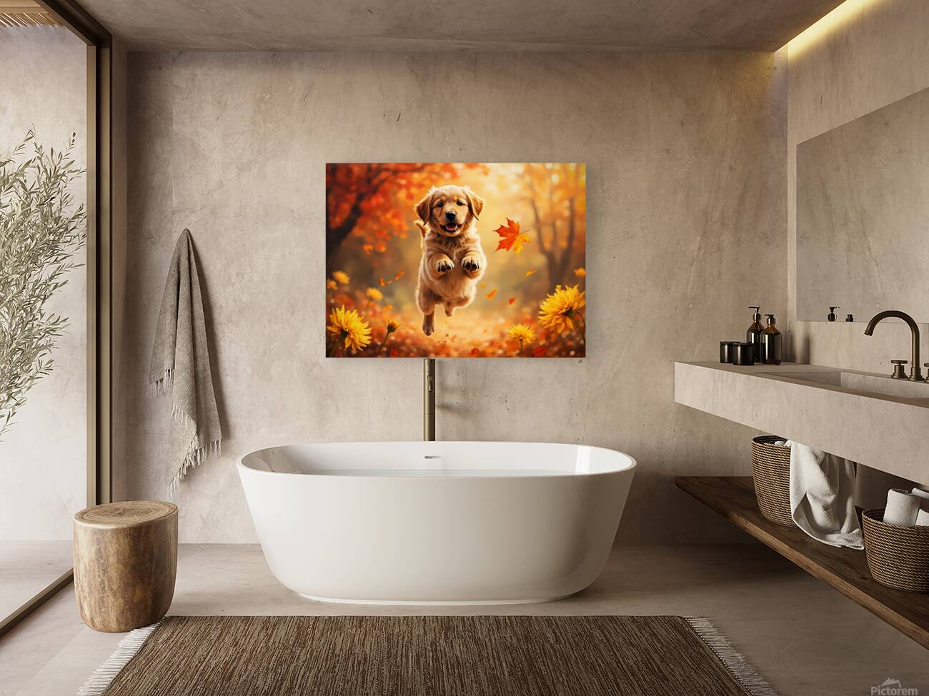 Golden Retriever Puppy Spots Dancing Autumn Leaves Reproduction