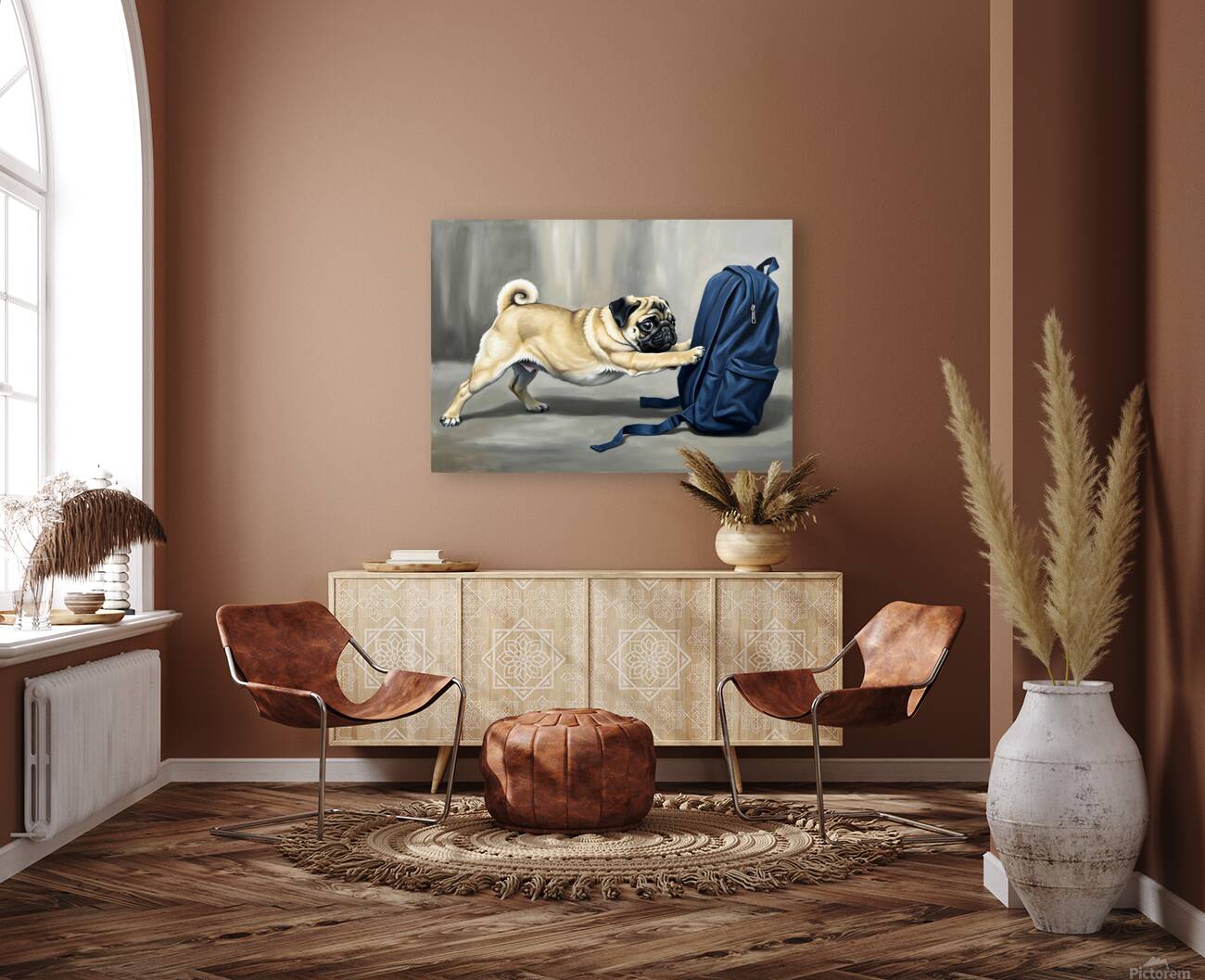 Pug Puppy Discovers Big Blue Backpack Reproduction