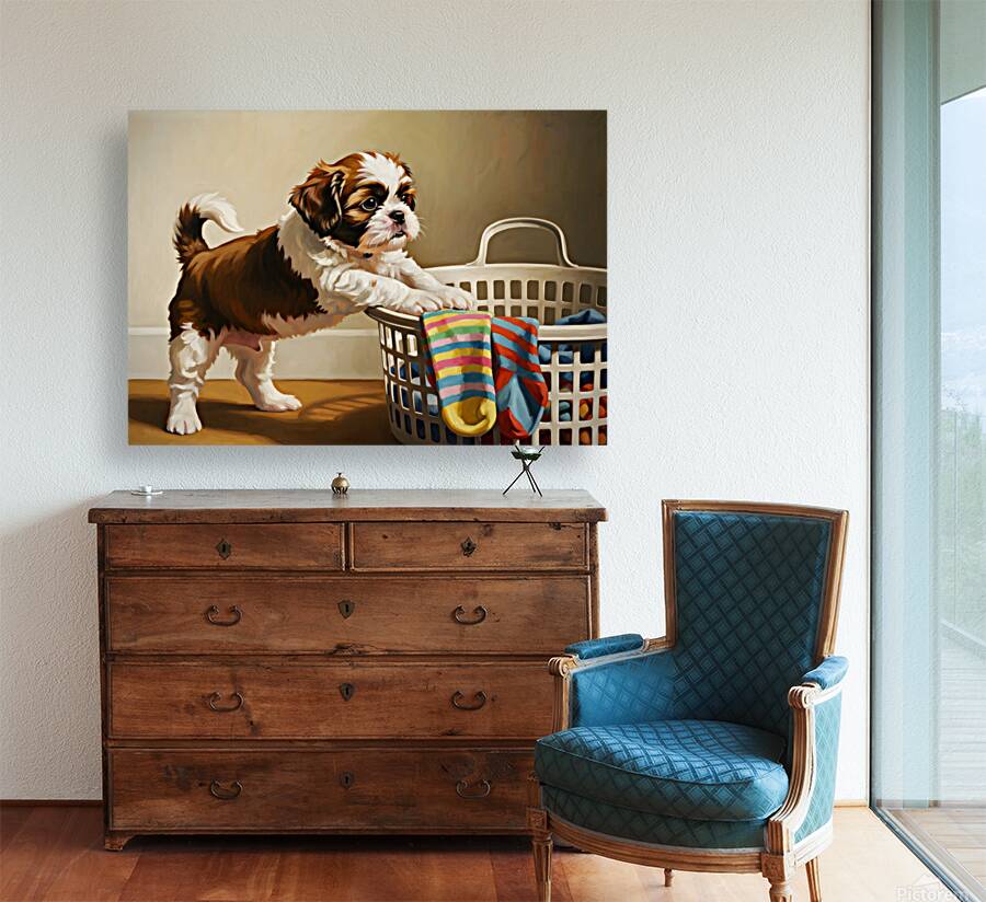 Shih Tzu Puppy Spots Tempting Sock In Laundry Basket Reproduction