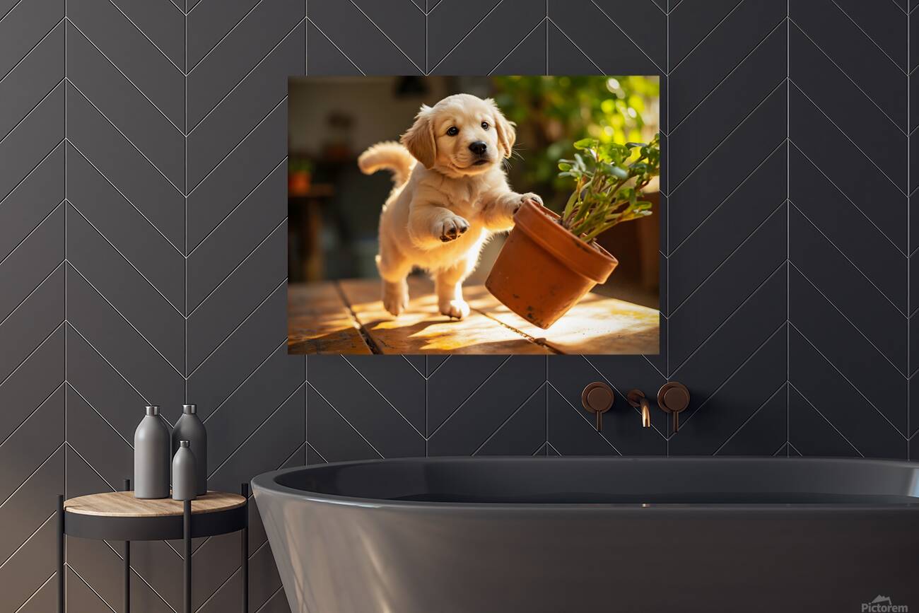 Golden Retriever Puppy Reaches For Plant Pot Reproduction