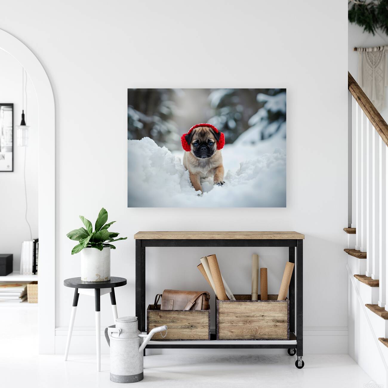 Pug Puppys First Snow Adventure With Red Earmuffs Reproduction