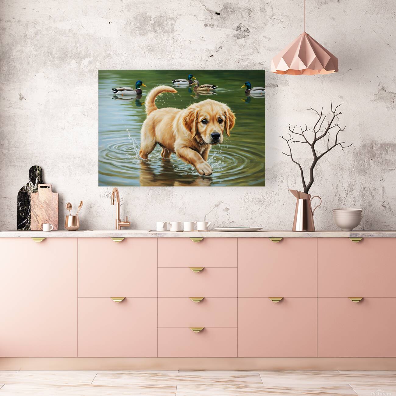 Happy Golden Retriever Puppy Plays With New Duck Friends At Pond Reproduction