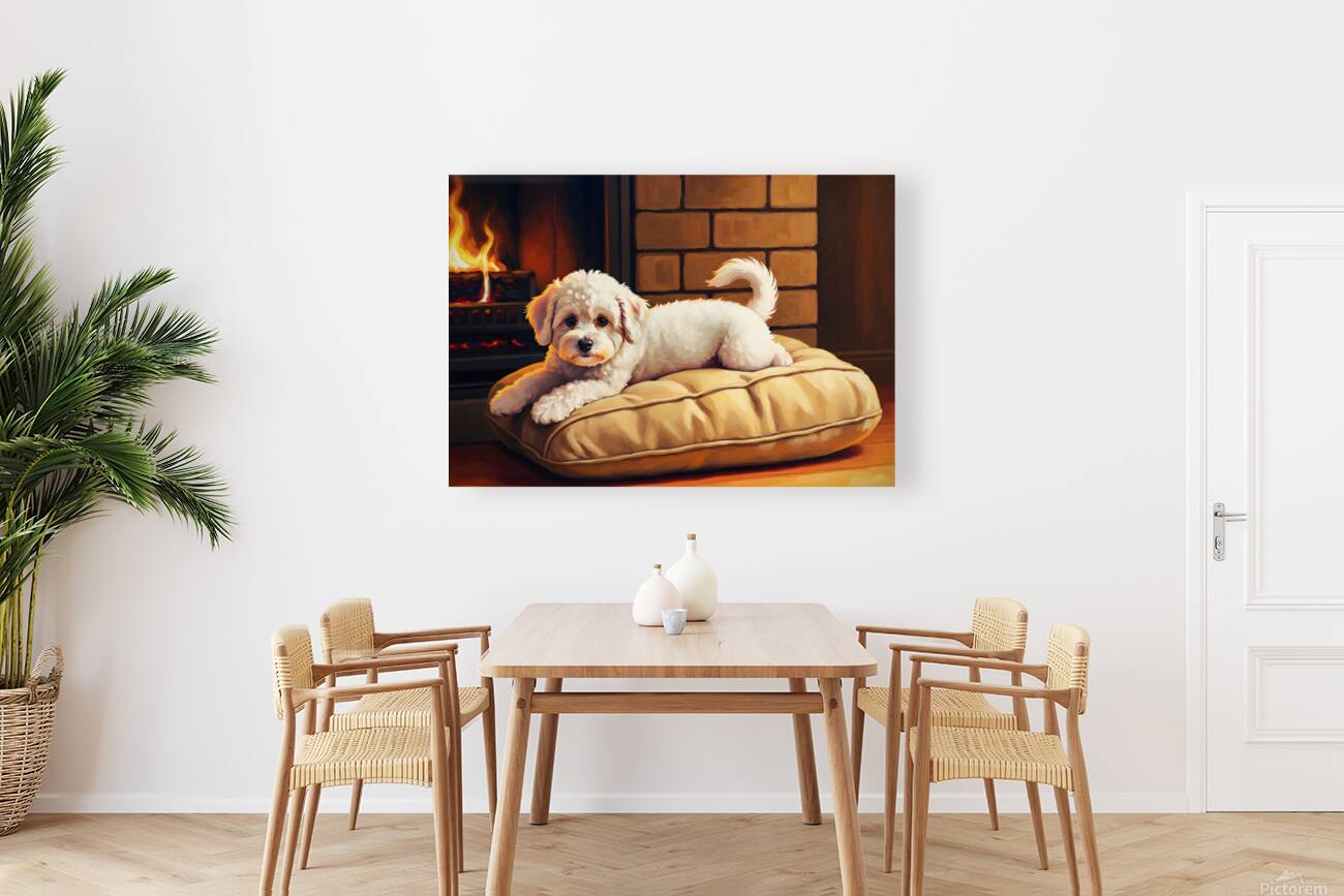 Bichon Frise Puppy Finds Perfect Fireplace Spot Reproduction