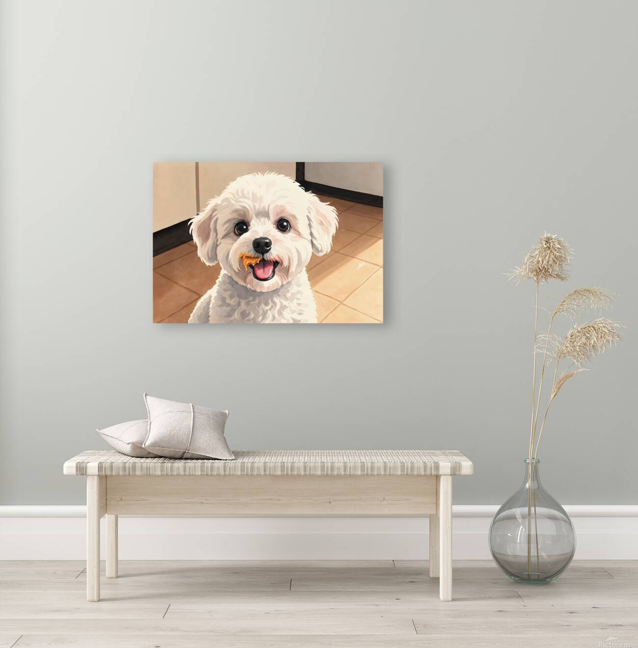 Happy Bichon Frise Puppy After Peanut Butter Treat Reproduction