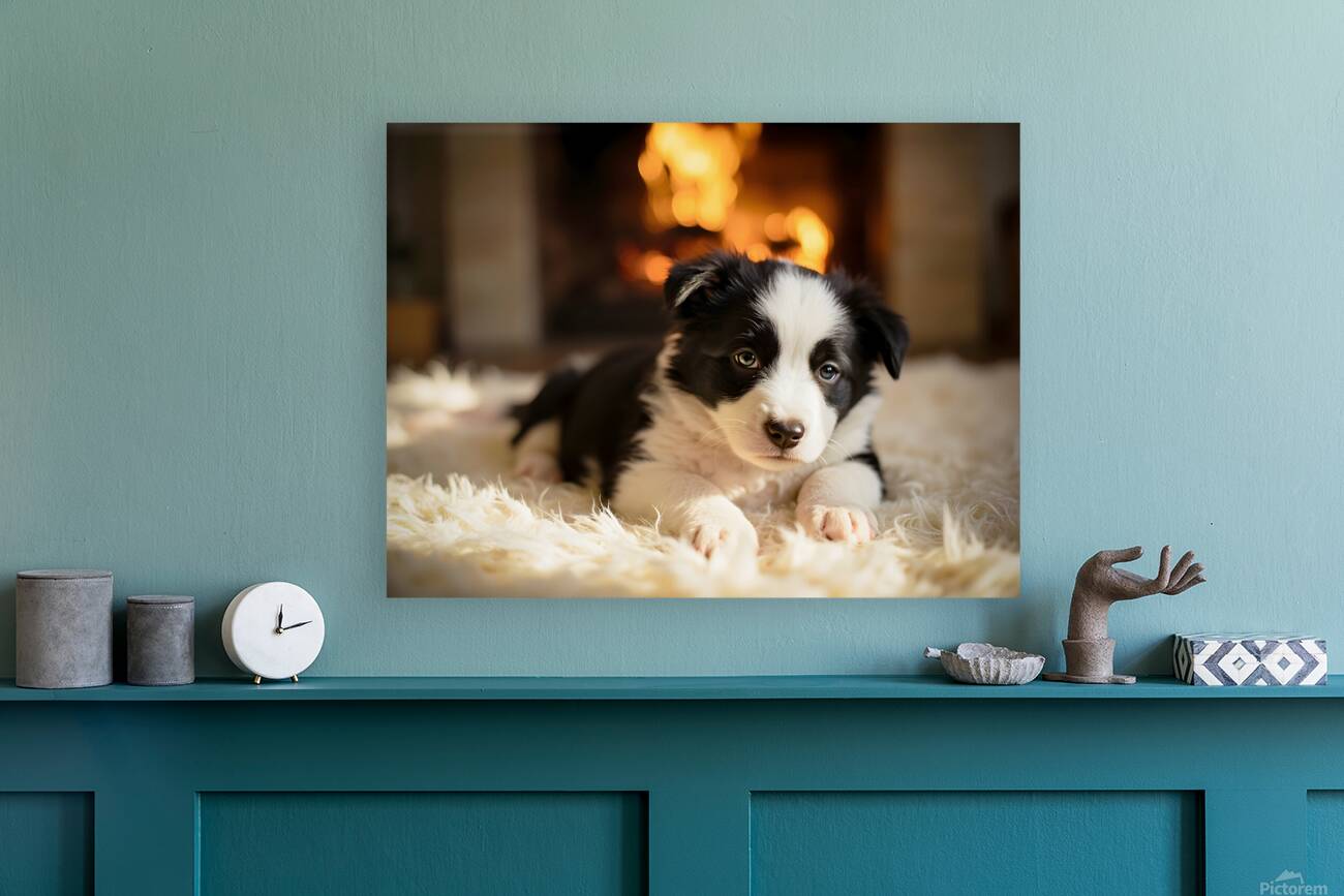 Border Collie Puppy Discovers The Warm Fireplace Reproduction