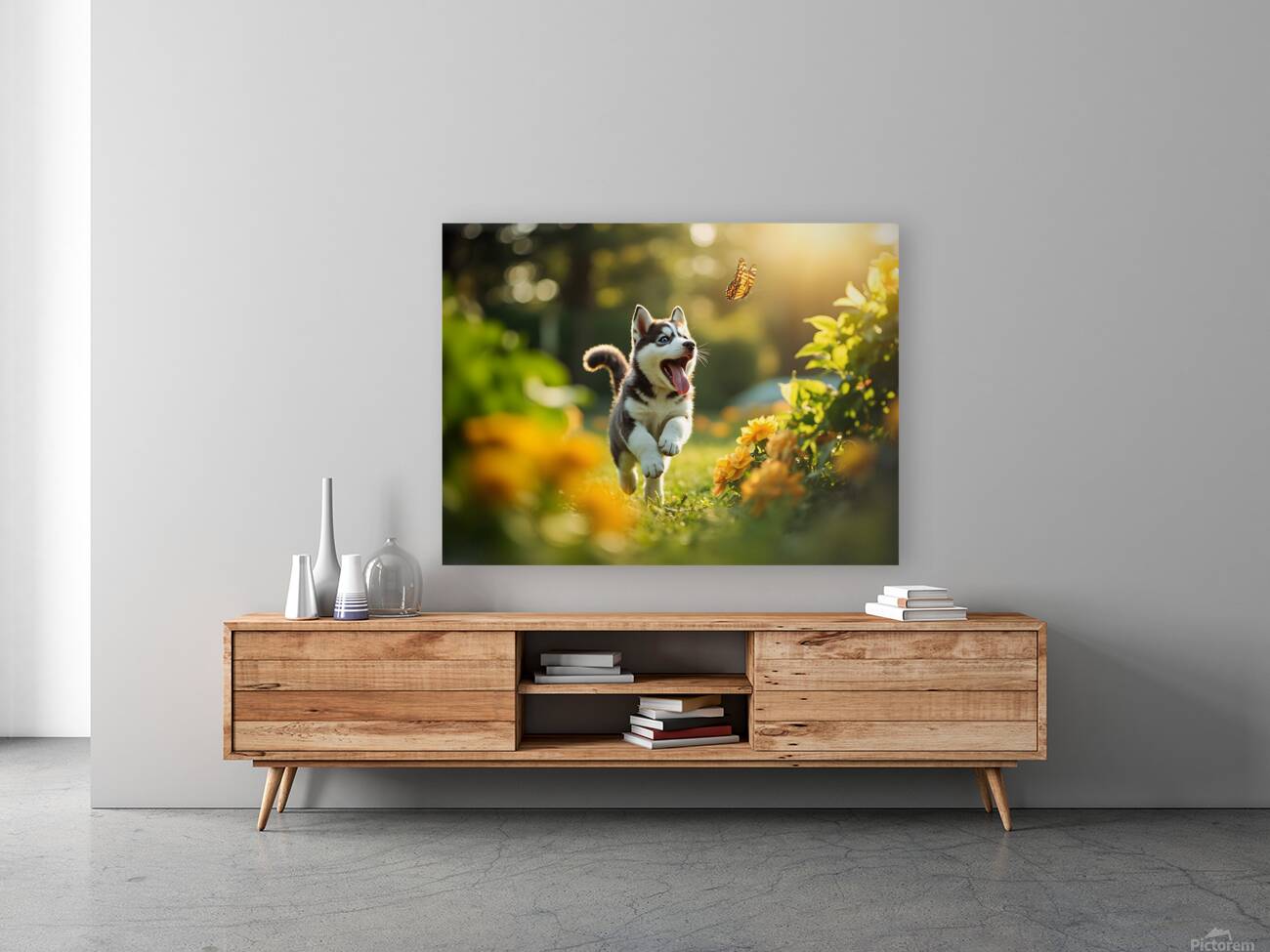 Husky Puppy Spots A Beautiful Butterfly In Garden Reproduction