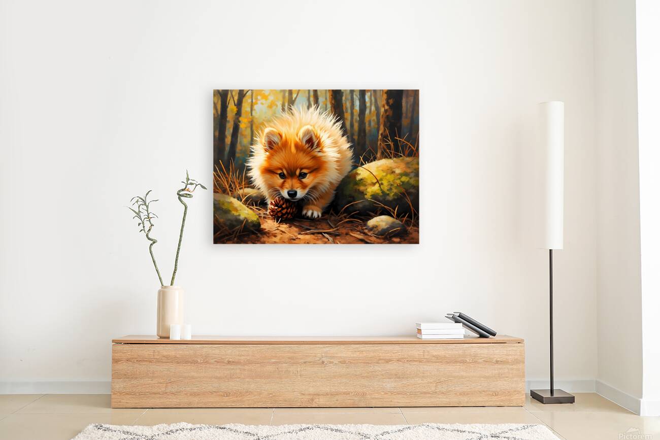 Pomeranian Puppy Discovers Pinecone In Forest Reproduction
