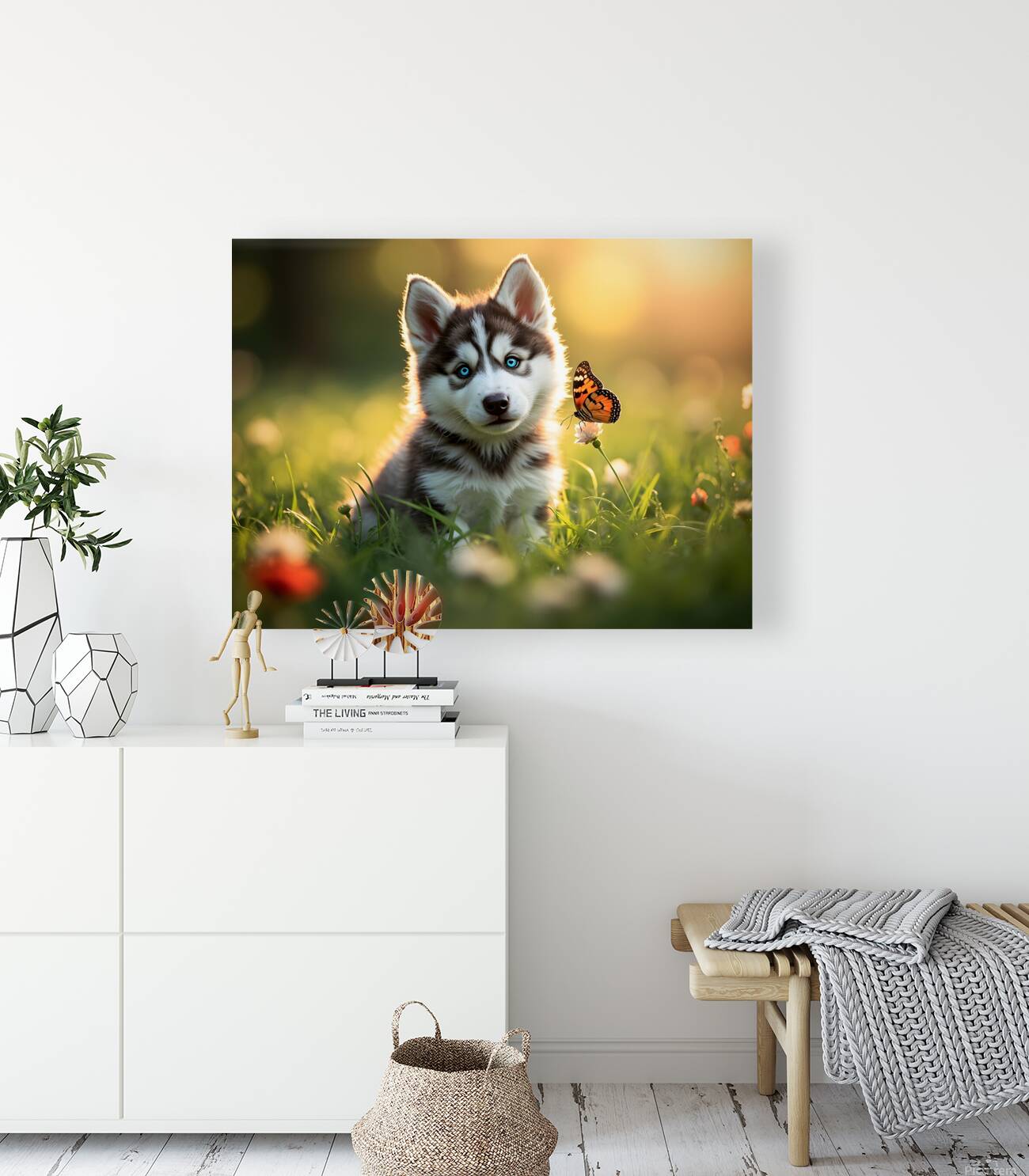 Butterfly Lands Gently On Husky Puppys Nose Reproduction