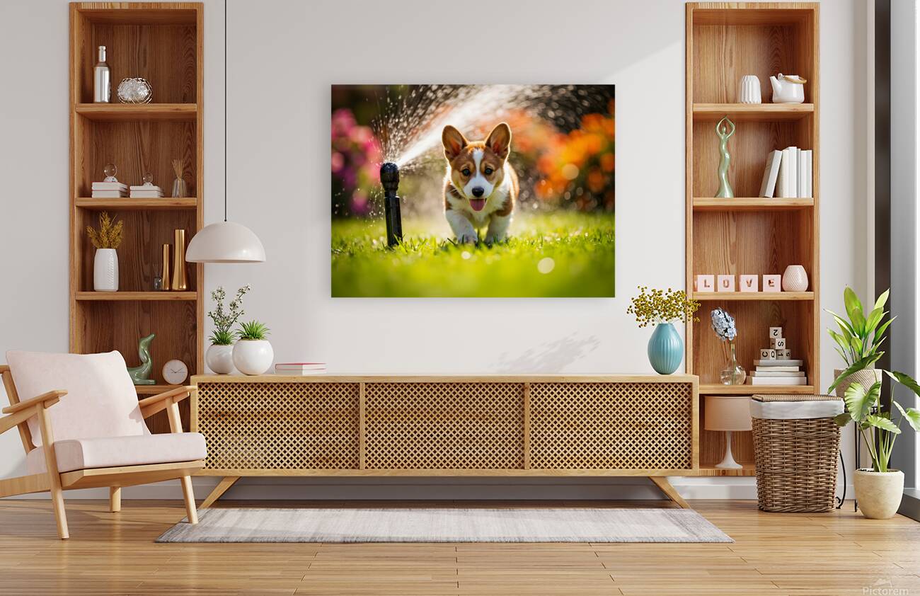 Happy Corgi Puppy Rests After Sprinkler Adventure Reproduction