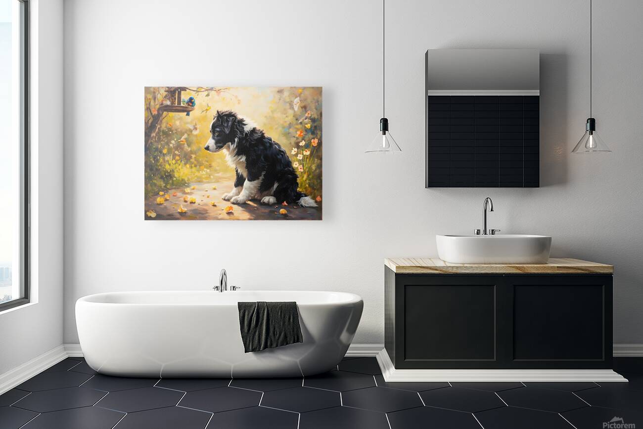 Content Border Collie Puppy Enjoys Watching Birds From Garden Below Reproduction