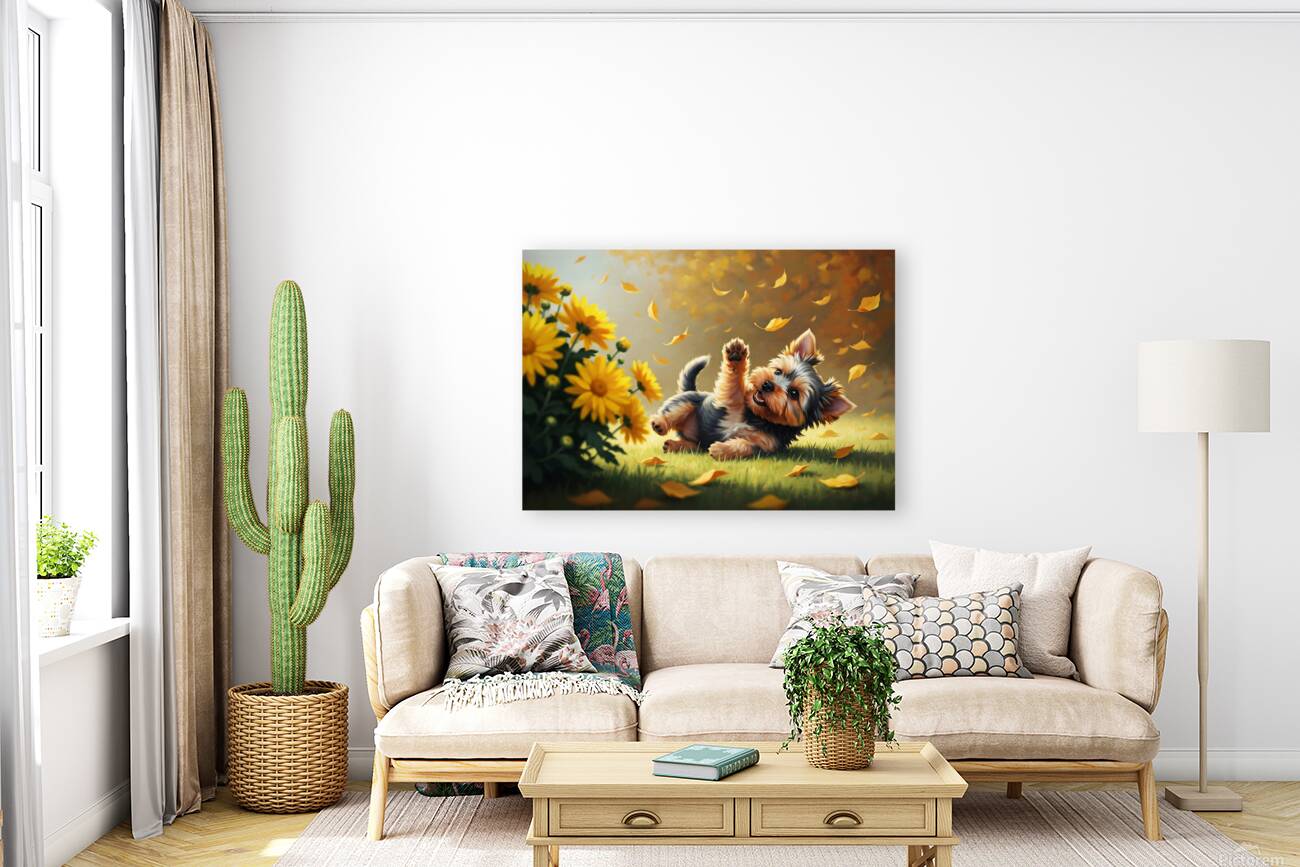 Yorkshire Terrier Puppy Successfully Catches Brown Oak Leaf Reproduction