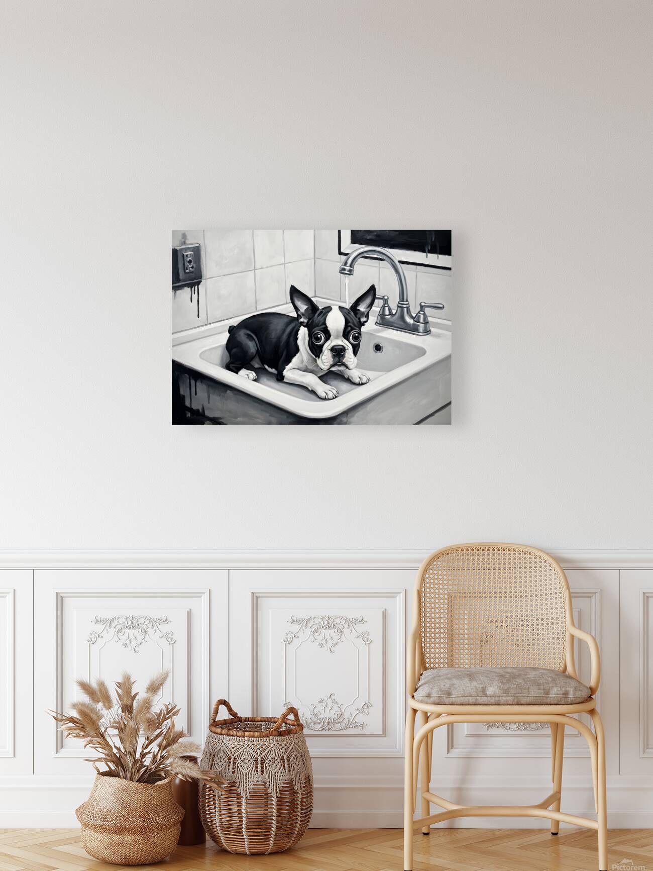 Boston Terrier Puppy Waits Nervously In Bathroom Sink Reproduction