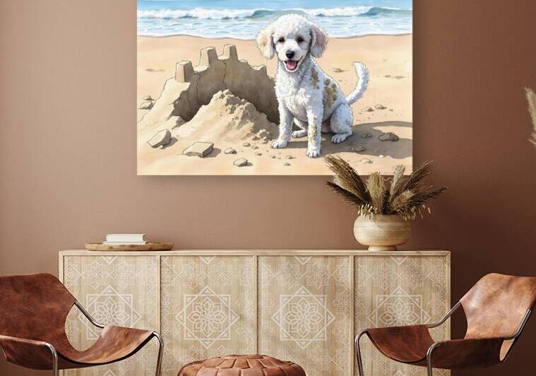 Happy White Poodle Puppy Sits In Destroyed Sand Castle Ruins by Puppy Prints