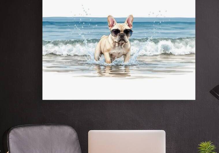 Cream French Bulldog Puppy Splashing In Ocean Water With Sunglasses by Puppy Prints