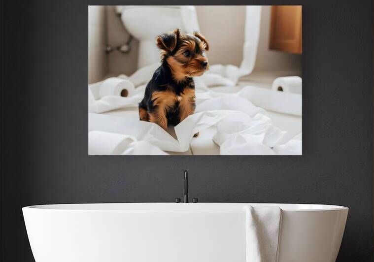 Brown Yorkshire Terrier Puppy With Unrolled Toilet Paper Trail Mess by Puppy Prints