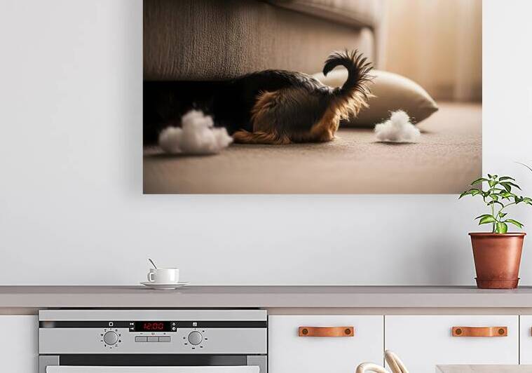 Brown Yorkshire Terrier Puppy Hiding Under Couch After Mess by Puppy Prints
