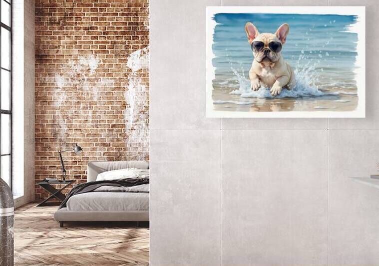 Cream French Bulldog Puppy Splashing In Ocean With Sunglasses by Puppy Prints