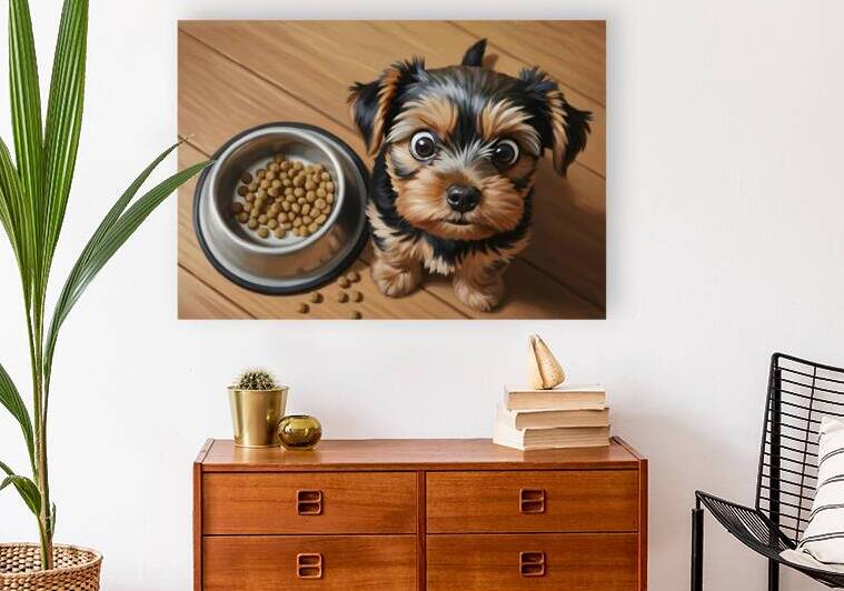 Apologetic Brown Yorkshire Terrier Puppy With Messy Bowl by Puppy Prints