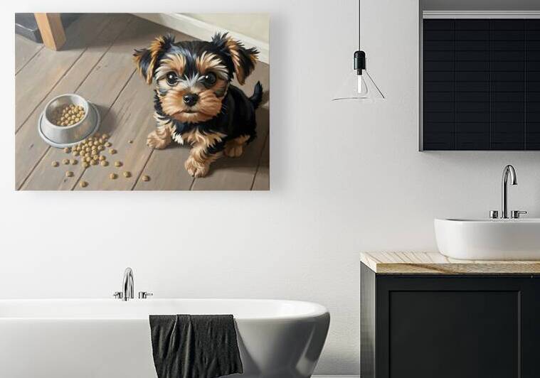 Brown Yorkshire Terrier Puppy With Overturned Food Bowl by Puppy Prints