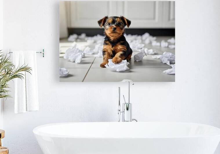 Guilty Yorkshire Terrier Puppy Surrounded By Shredded Tissue by Puppy Prints