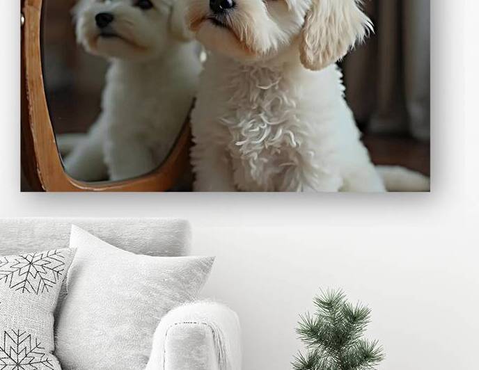 Thoughtful Bichon Frise Puppy Contemplates Its Mirror Reflection by Puppy Prints