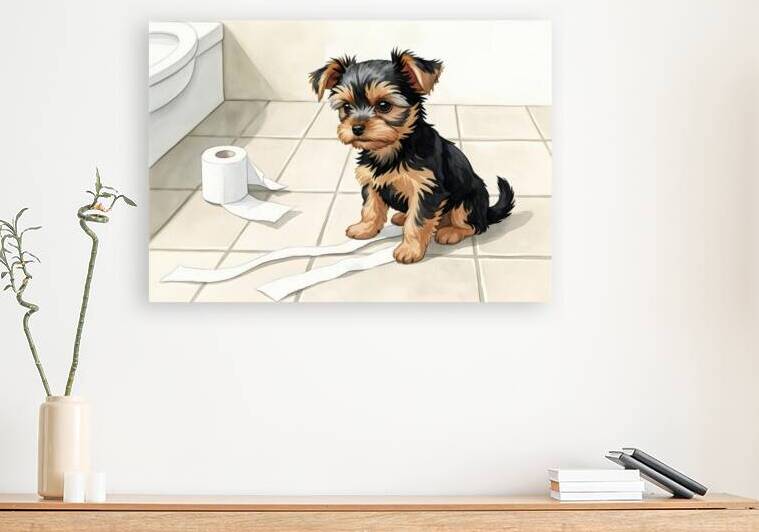 Brown Yorkshire Terrier Puppy With Unrolled Toilet Paper Trail by Puppy Prints