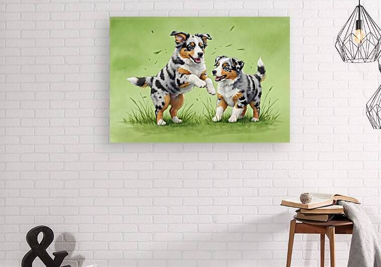 Blue Merle Australian Shepherd Puppies Playing Together by Puppy Prints