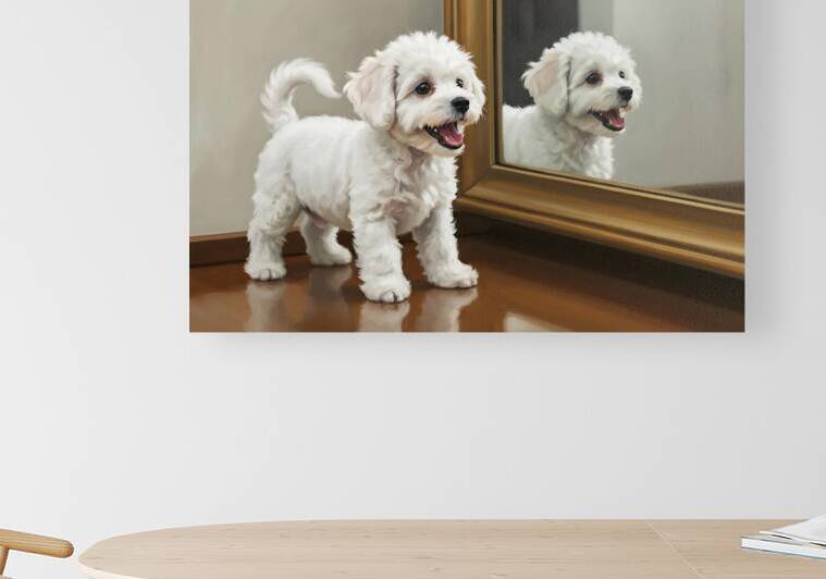 Playful White Bichon Frise Puppy Invites Mirror Reflection To Play by Puppy Prints